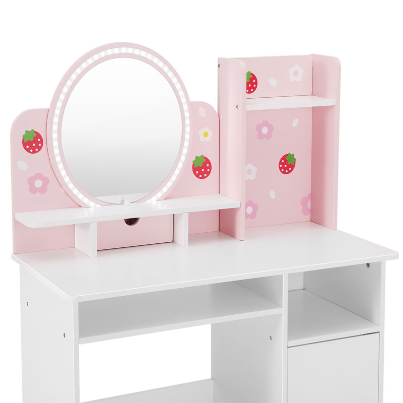 Ensemble coiffeuse et coiffeuse pour tout-petits 2 en 1 avec lumière réglable, meuble-lavabo blanc et rose avec tablette de rangement ouverte pour filles