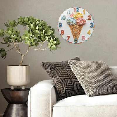 Horloge murale silencieuse en verre trempé de 30 cm, motif cornet de glace coloré, sans tic-tac, fonctionne avec des piles AA (non incluses), décoration artistique pour la maison