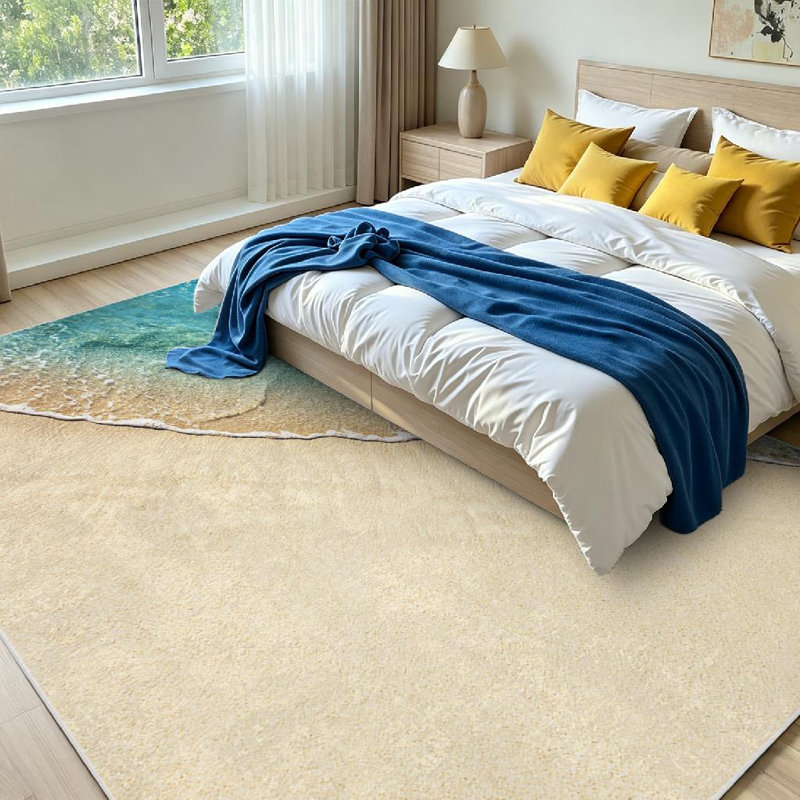 Blue Soft Wave Ocean Sandy Beach Sand Sea Aqua Calm Coast Machine Washable Indoor Area Rug, Rectangle 79" x 118"