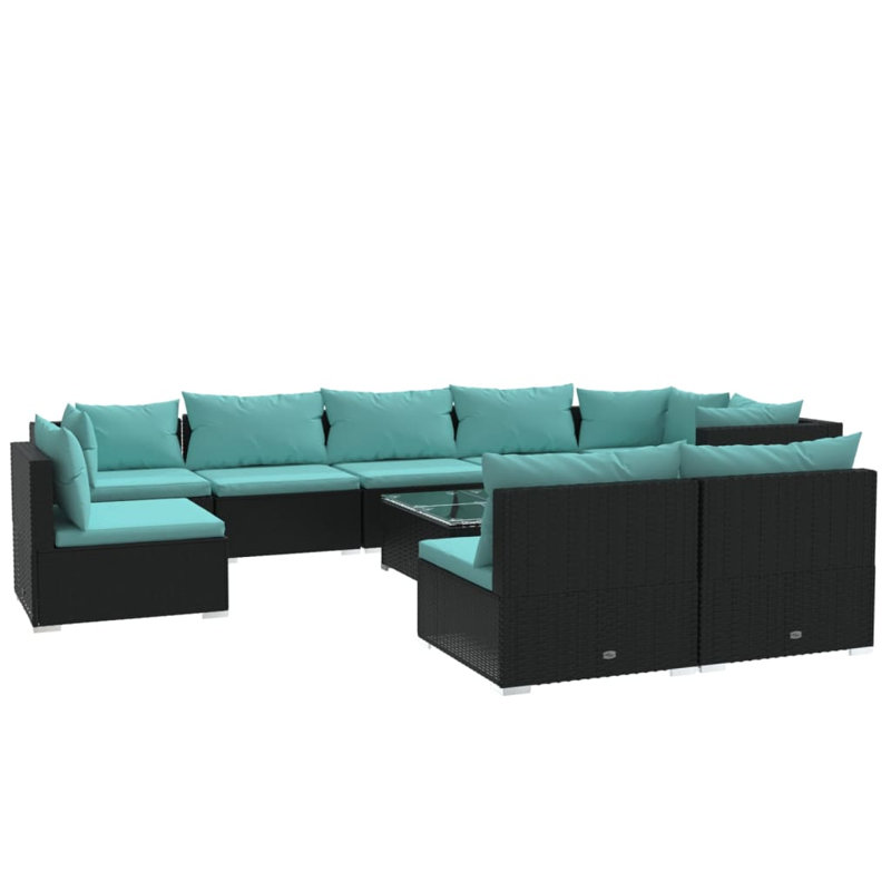 Ensemble de salon de patio 10 pièces avec coussins en rotin de polyester, Bleu mer, Noir