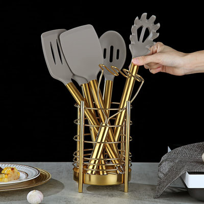 Kitchen Utensils Set,Non-Stick Silicone Cooking Tools Spoon Spatula Set With Sturdy Stainless Steel Utensil Holder, Dishwasher Safe(38 Pieces/Gold)