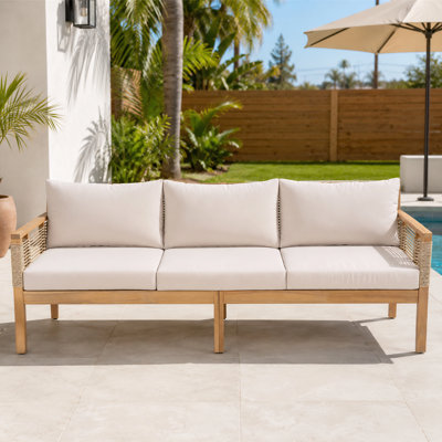 Canapé d'extérieur en bois d'acacia avec coussins 3 places et corde