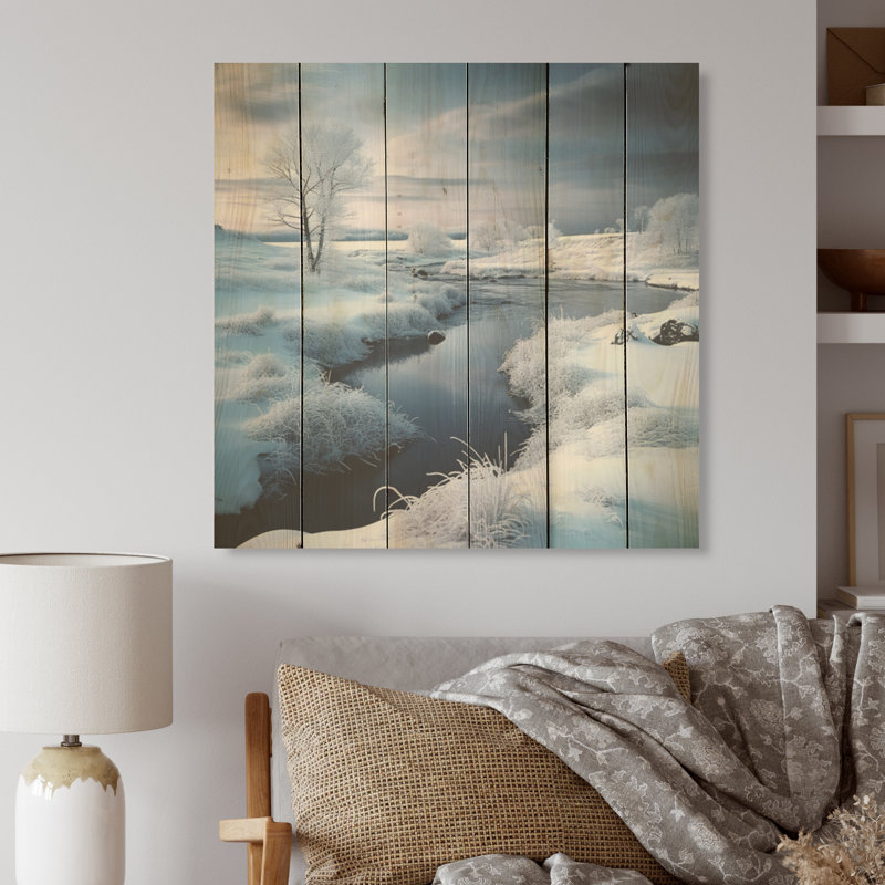 «River Winter Scenery Tranquility I - Lake River», art mural sur bois de pin naturel, H 15 po x l 15 po