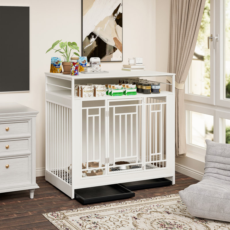 Meuble pour chien de 43,3 pouces pour chiens de grande taille, cage pour chien en bois avec cloison, chenil à double porte avec trois tiroirs de rangement, niche pour chien robuste pour grands chiens de taille moyenne