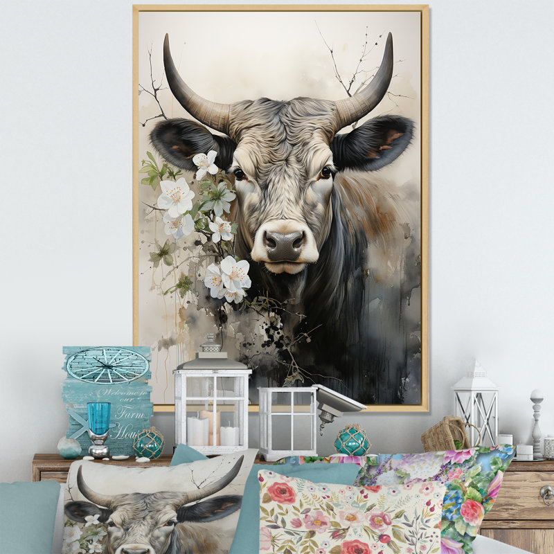 Baylian, art asiatique, vache Sumi X, H 40 po x l 30 po x P 1,5 po, Cadre naturel flottant