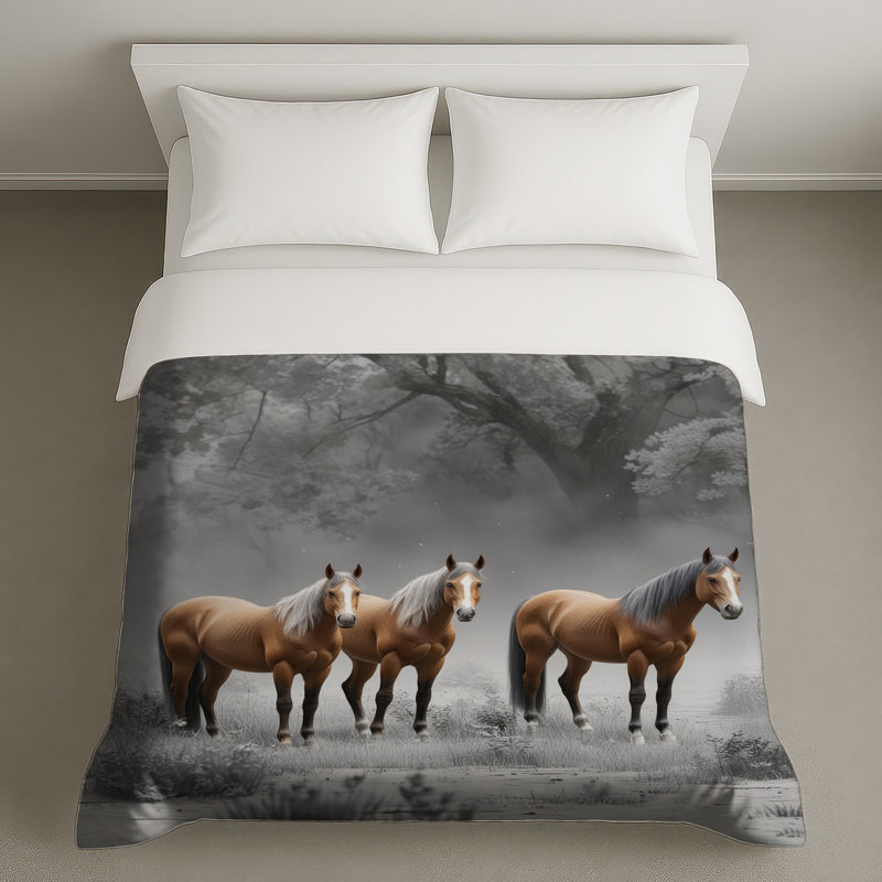 Trois chevaux dans une housse de couette forêt, Lit simple