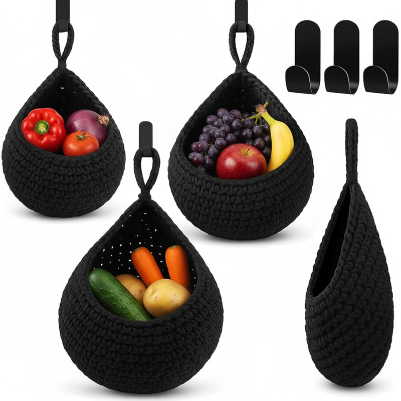 Ensemble de 3 paniers muraux suspendus pour la cuisine Boho Decor, H 3,9 po x l 3,9 po x P 13 po, Noir