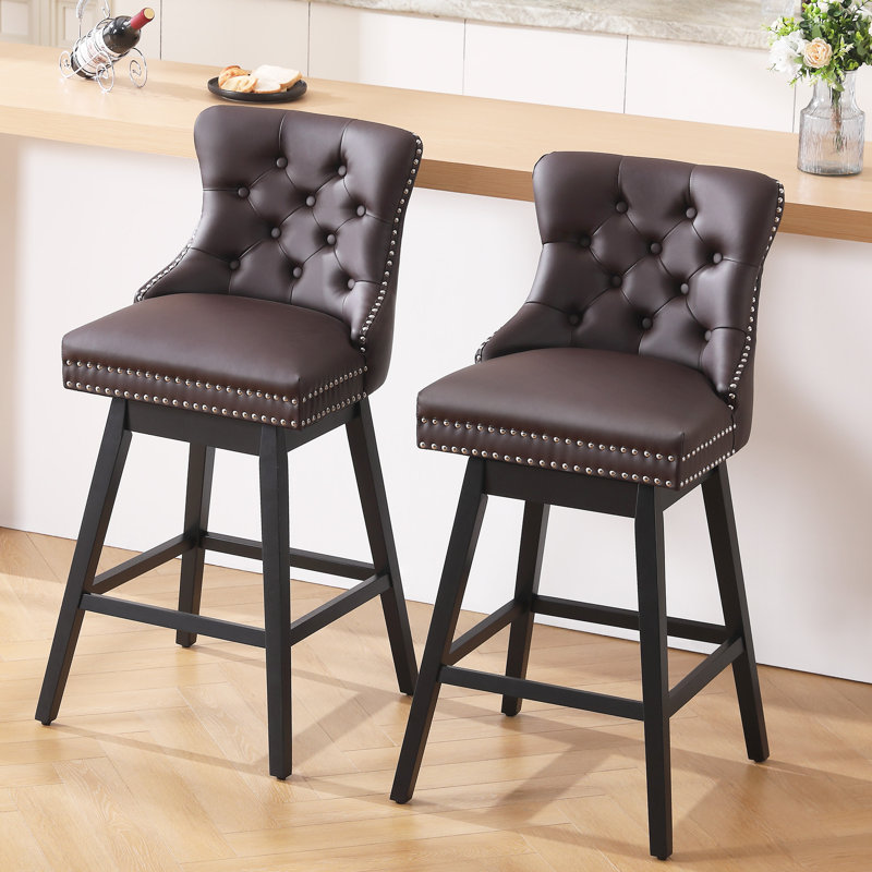 Swivel Bar Stools Set of 2, PU Leather Bar Chairs with Button Tufted Front and Ring Pull Back, 30" Bar Height Stools with Solid Wood Legs for Kitchen Island or Bar, Brown