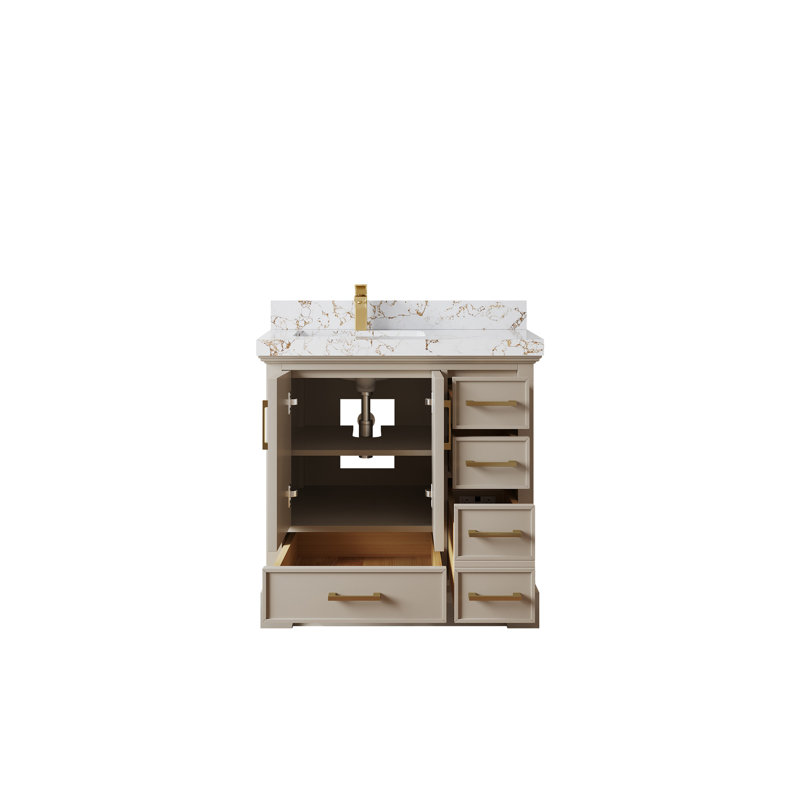 Ensemble de meuble-lavabo simple 36 po avec plateau en quartz Deeric, Doré Viola