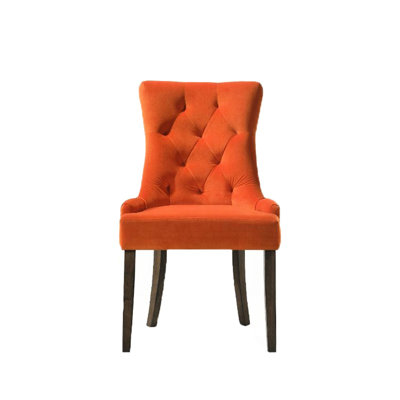 De 2 chaises d'appoint de salle à manger orange, chêne patiné, rembourrées de tissu, siège rembourré de mousse, garniture cloutée, profondeur du produit, hauteur du tissu, mousse, dossier, largeur, siège