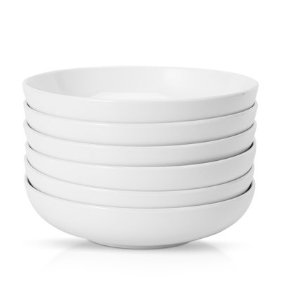 Set of 6 Porcelain Pasta Bowls – 22oz, 8-Inch Wide & Shallow Dinnerware – Microwave & Dishwasher Safe, Stackable, Restaurant Quality Tableware for Salad, Soup, Noodles, Serving – Color: White