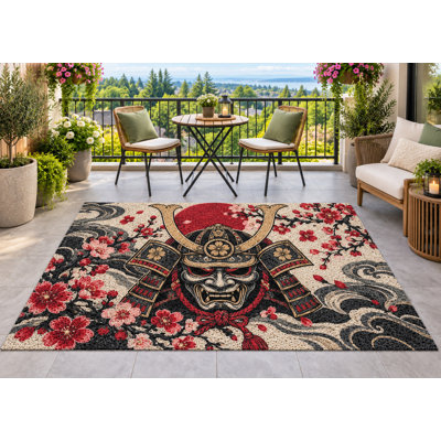 Tapis d'extérieur 152 x 213 cm (5' x 7') à motif masque de samouraï et fleurs de cerisier, épais, imperméable, en PVC bouclé, résistant et à séchage rapide. Parfait pour une terrasse, un balcon, une entrée, un VR ou un autre espace de loisirs.
