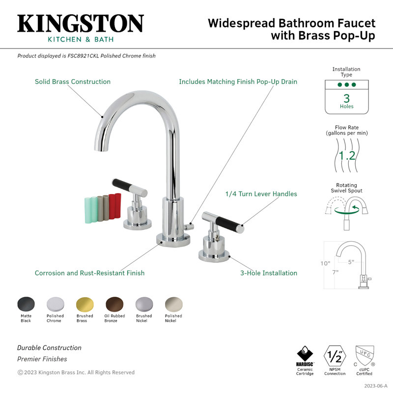 Kingston Brass Kaiser Two-Handle 3-Hole Deck Mount Widespread Bathroom Faucet with Brass Pop-Up Drain, Polished Chrome