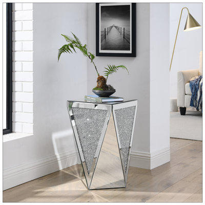 Inverted Triangular Mirror Coffee Table with Crystal Diamond Inlay, Silver Glass Side Table for Corridors, Living Rooms, and Bedrooms