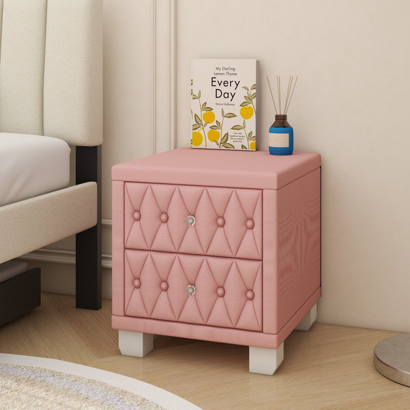 Élégante table de chevet en velours avec 2 tiroirs et poignée en cristal, table de chevet avec capitonnage, Rose