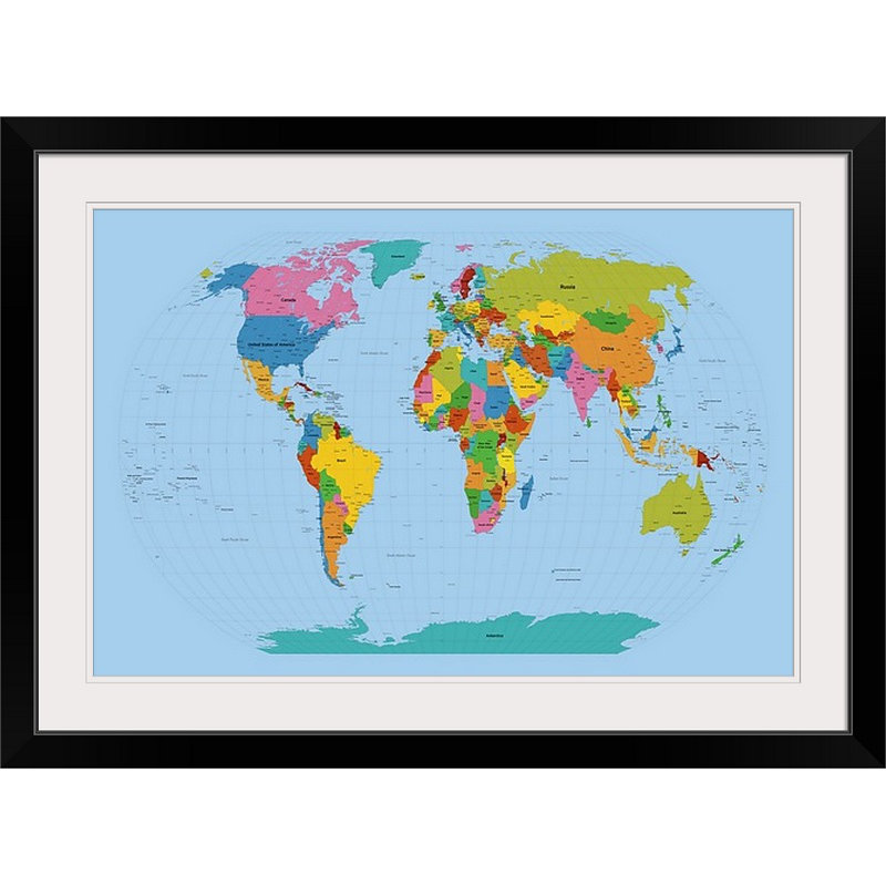«World Map Bright» par Francy, impression, Cadre blanc, H 24 po x l 32 po x P 1 po