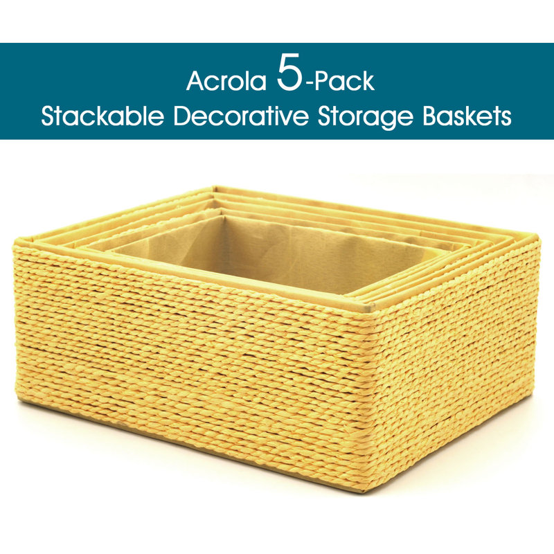 5-Pack Decorative Storage Baskets Stackable Woven Basket with Fabric Liner, Yellow