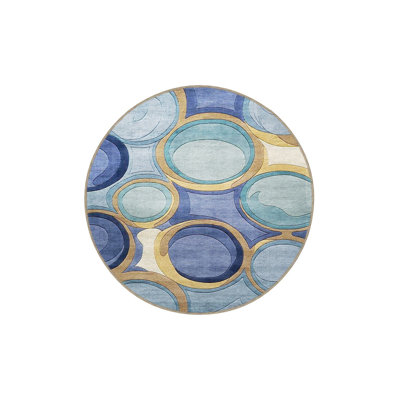 Machine Washable Circle Patterned Blue Woven Base Area Rug