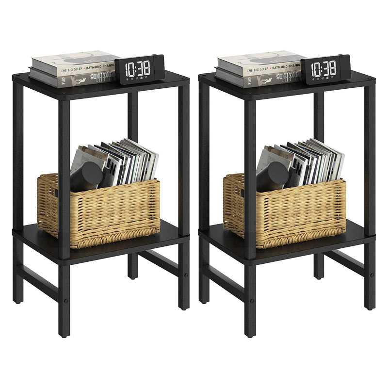 Ensemble de tables d'appoint étroites à 2 niveaux avec tablettes ouvertes, style industriel, table d'appoint en bois pour le salon, la chambre à coucher, le bureau personnel et les petits espaces