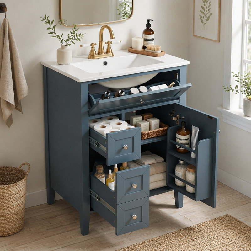 Meuble-lavabo 24 po avec lavabo, lavabo en céramique, armoire de salle de bain avec 1 tiroir coulissant et 2 tiroirs de rangement coulissants