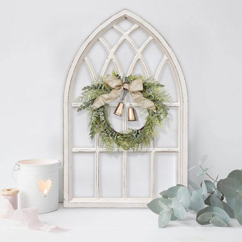 Rustic Arched Window Frame 20 X 32 Inch,  Hanging Distressed White Window Pane Wall Decor