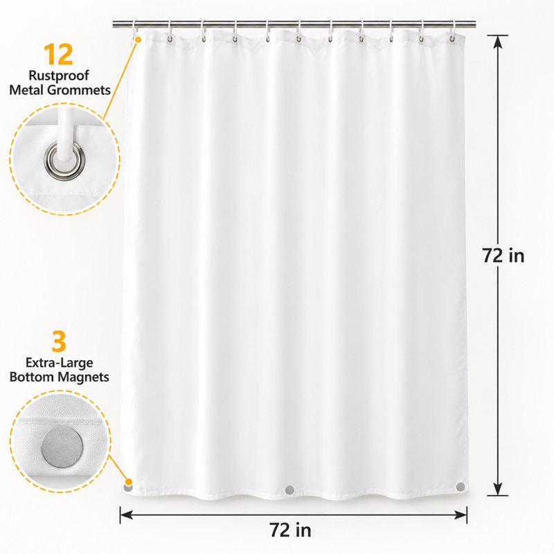 Doublure de rideau de douche imperméable 72 po x 72 po avec ourlet magnétique blanc