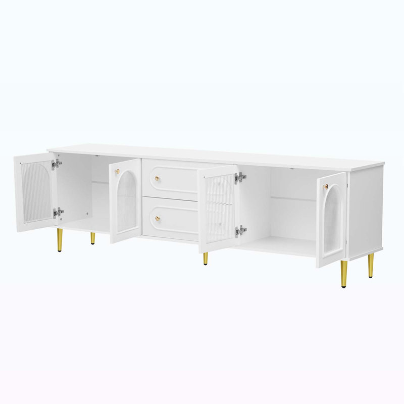 Console Table with Five Metal Legs and Metal Handles, 2 Drawers and 2 Cabinets, White, White/Gold