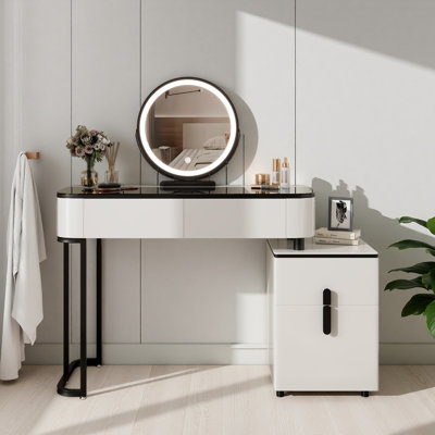Coiffeuse moderne avec plateau en verre trempé, pieds à hauteur réglable