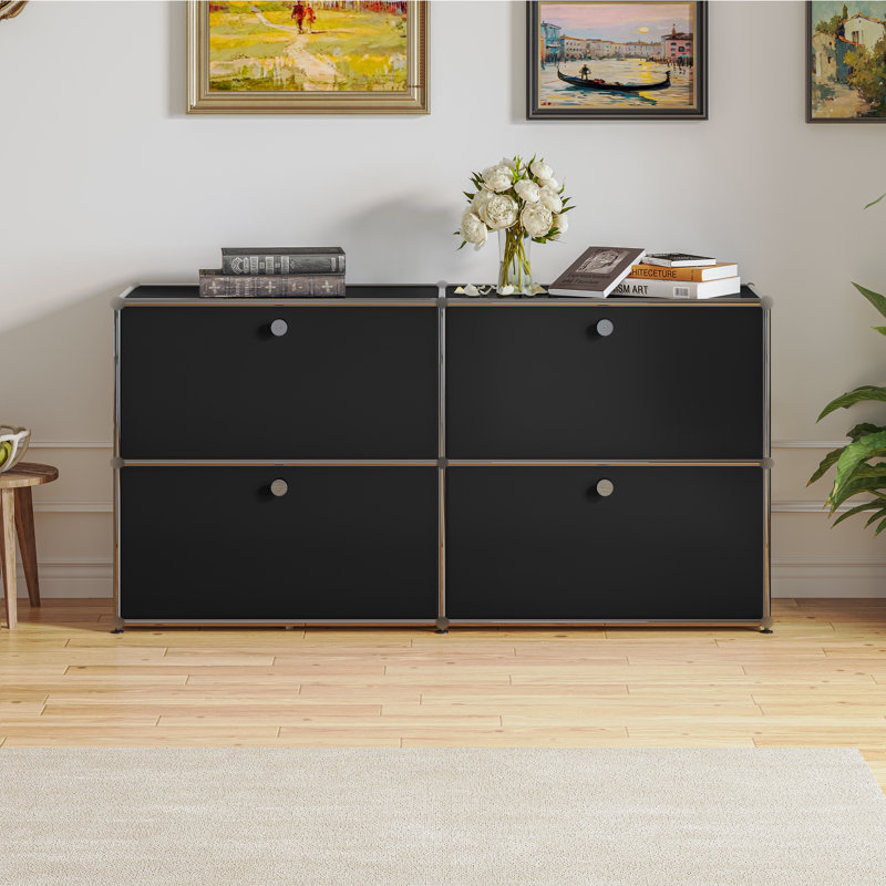 Buffet modulaire en métal avec classeur à 2 niveaux, Noir