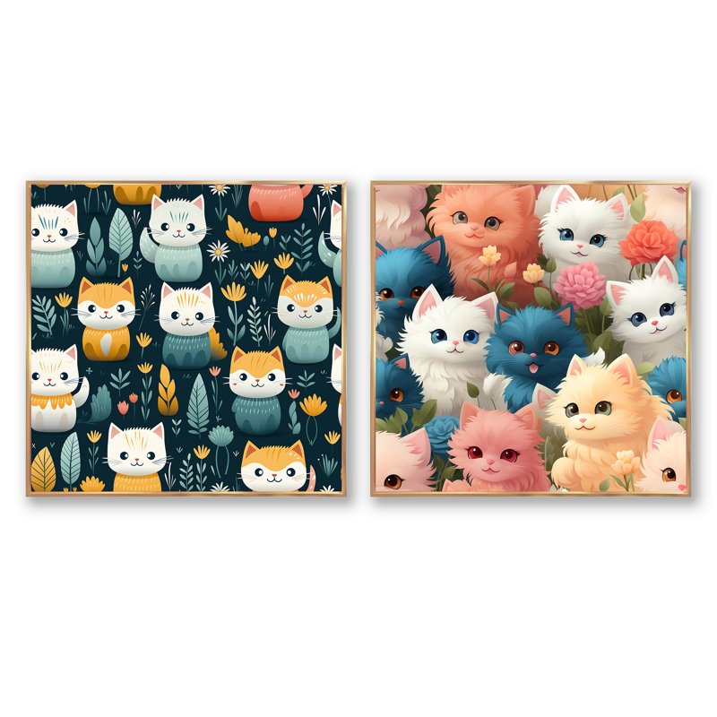 Cuddly Kittens - animaux, ensemble de 2 collages carrés, Cadre flottant doré, H 36 po x l 73 po