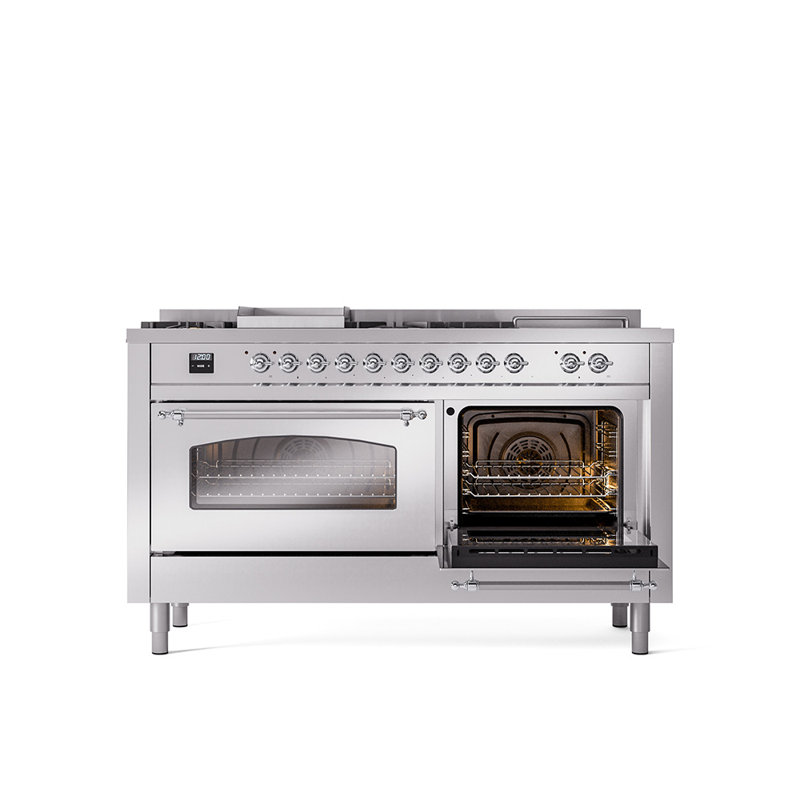 ILVE Nostalgie II Series 60 inch Dual Fuel Range with 5 Sealed Burners, Griddle, Frenchtop (Glass Door), Natural Gas
