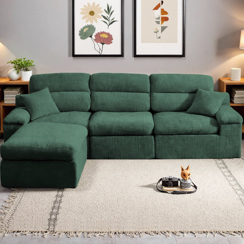 Canapé modulaire en L avec dossier haut, canapé de coin avec tissu chenille flammé, coussin éponge haute densité compressé, lit convertible, canapé sans assemblage peu encombrant