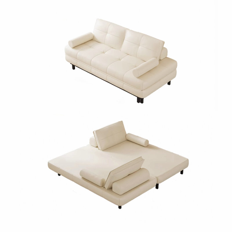 Cream Modern Minimalist Leather Sofa Bed with Cushions, 14.96" H x 47.24" W x 37.40" D
