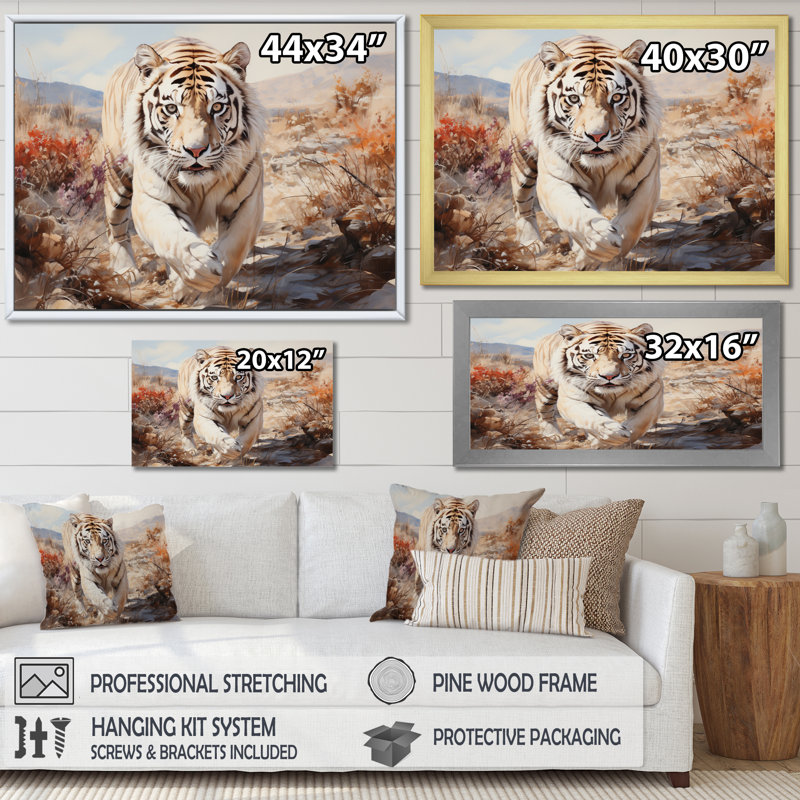 «White Tiger On Rolling Grassland II», reproduction d'art sur toile, Cadre flottant doré, H 30 po x l 40 po x P 1,5 po
