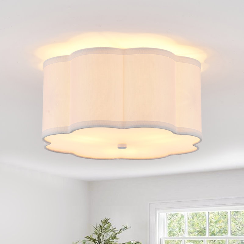 Modern Drum Linen Semi Flush Mount Ceiling Light Fixture, White, 6" H x 13.2" W x 13.2" D