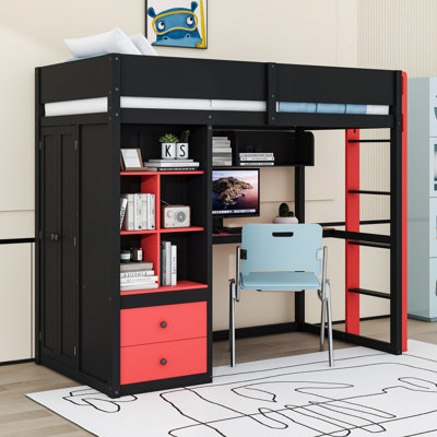 2 Drawers Wood Loft Bed with Desk, Wardrobe, Shelves, USB Ports and LED Lighting
