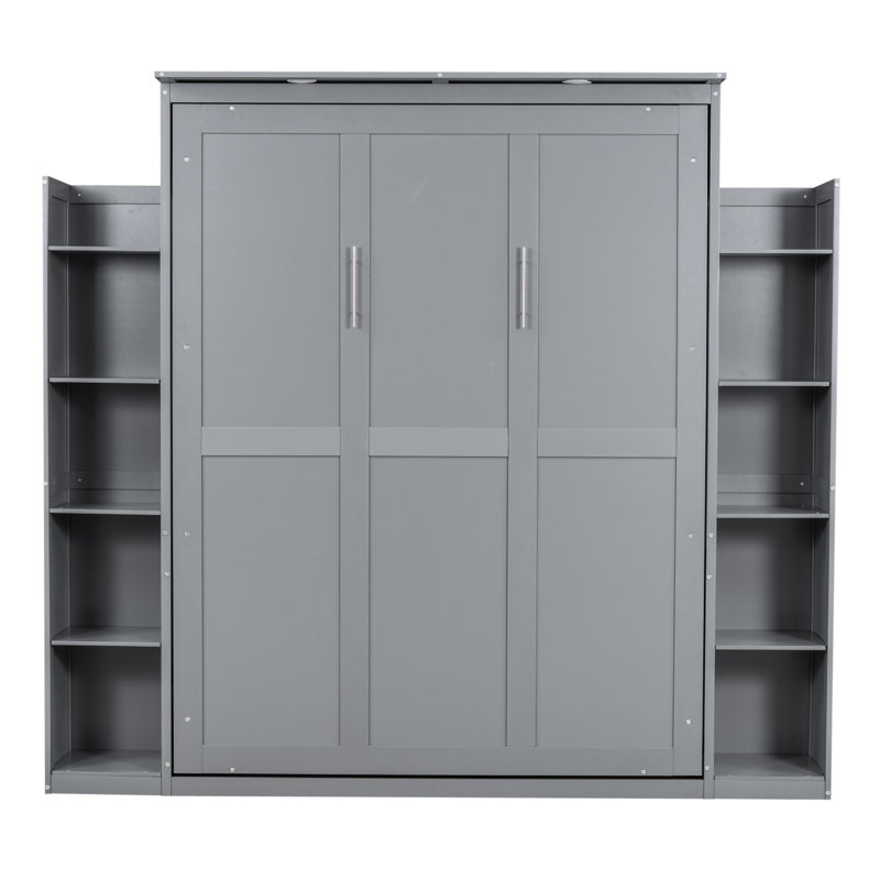 Grand lit gris avec tablettes et DEL. Gain de place pour les maisons. Bureaux muraux pliables, invités, gymnases. Et contreplaqué. Supporte un matelas de 8 pouces. Installation facile à DEL en gris, petits appartements idéaux