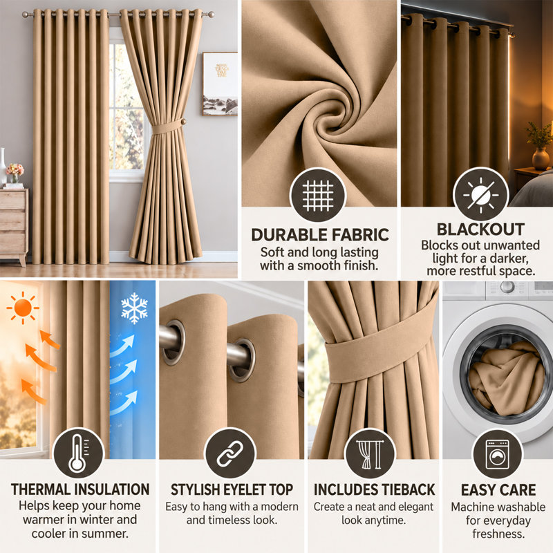 Cariya Small Window Eyelet Blackout Thermal Curtains  – Light Blocking & Energy Efficient, 168cm Width x 183cm Drop, Beige
