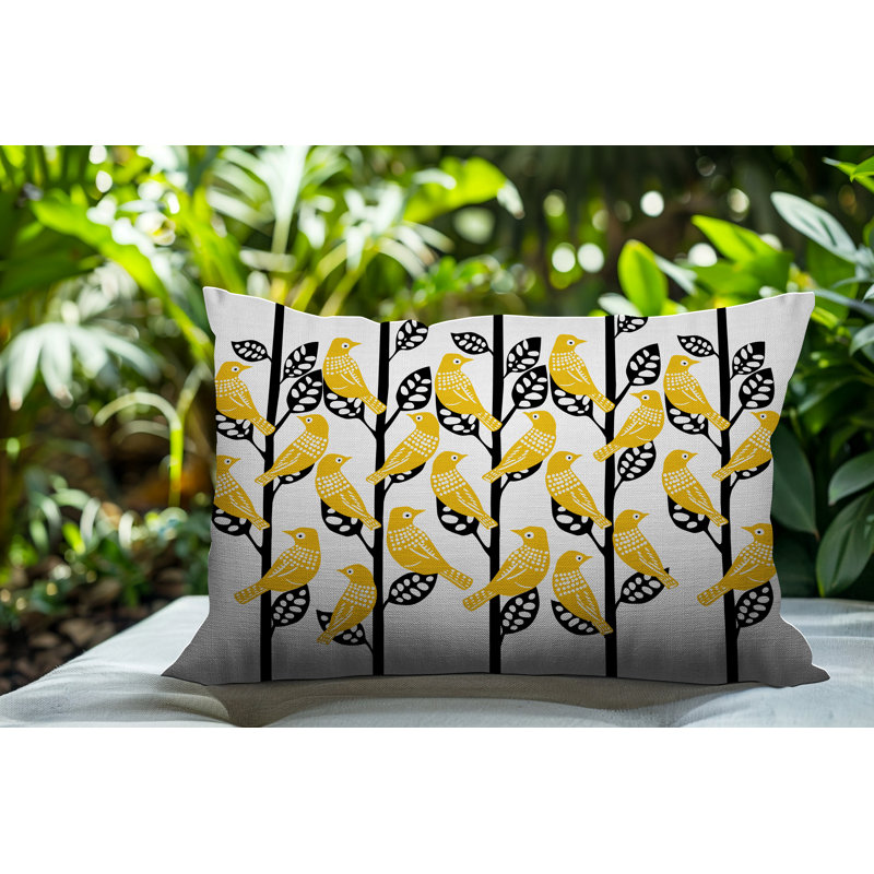 Oreiller rectangulaire intérieur / extérieur Tanza Bird, Jaune, Rectangle H 18 po x l 25 po