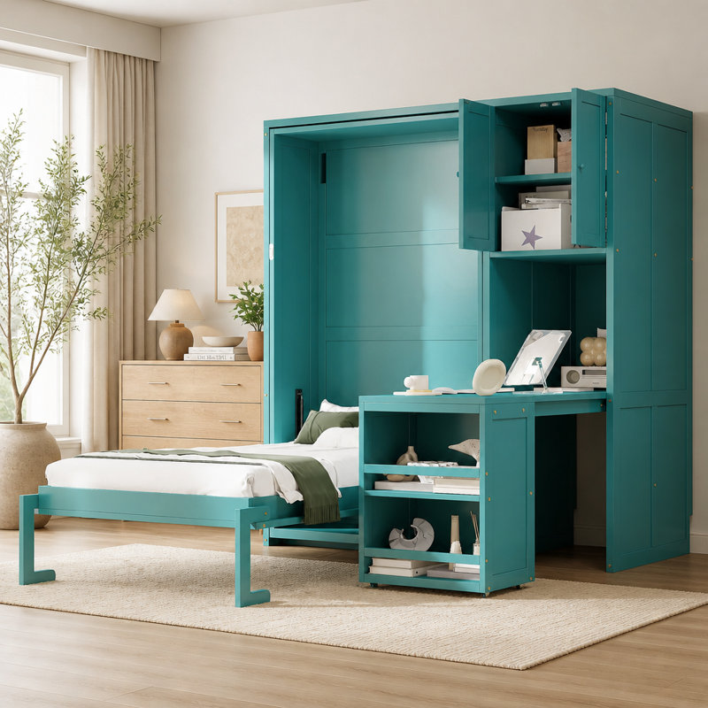 Twin Rotating Wall Murphy Bed with Bookshelf, Top Cabinet, Extendable Desk and Side Storage, Teal