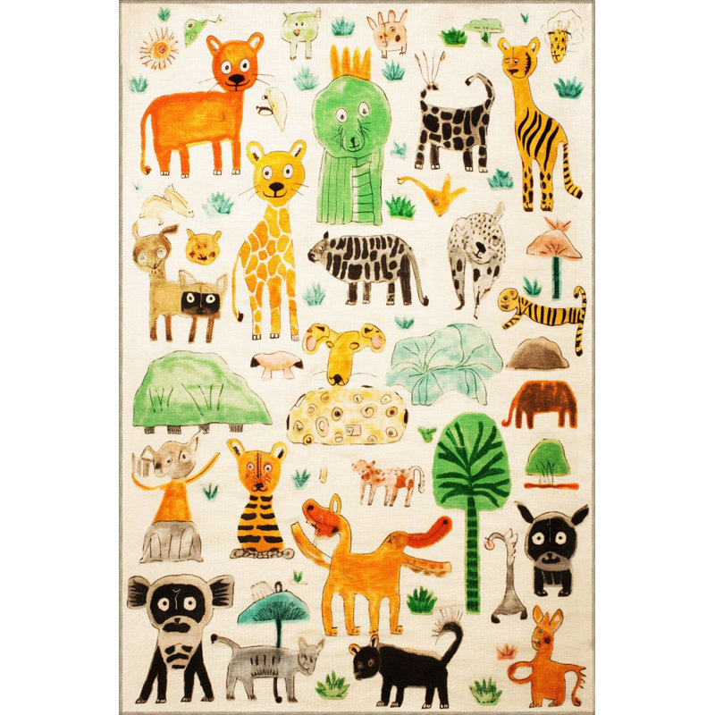 Washable Dido Collection Kids Rug Mixed Animal Tree Patterned Modern Decorative Area Rug