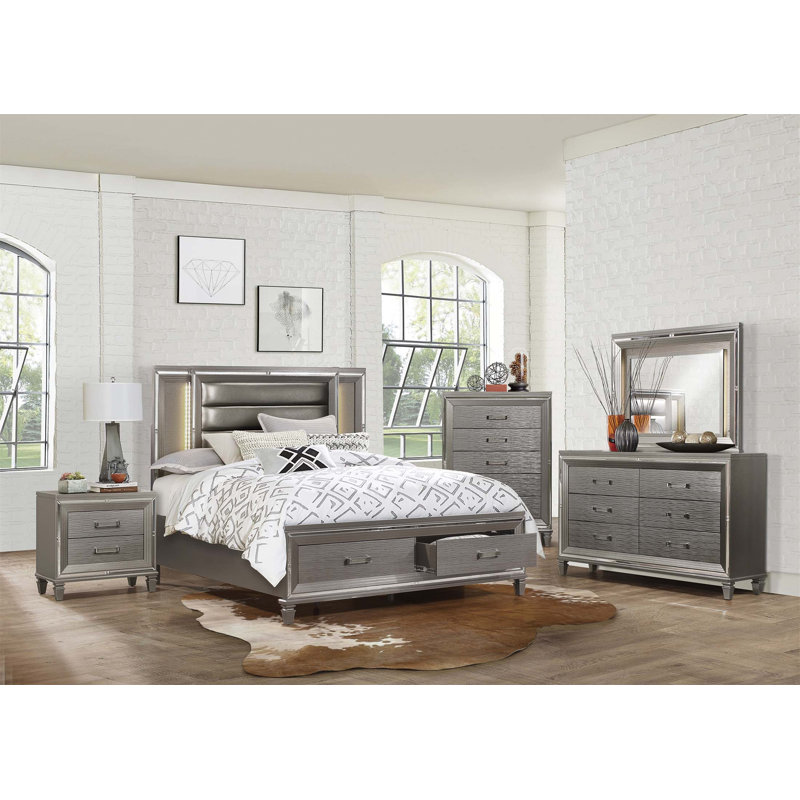Élégant coffre de rangement en bois à 5 tiroirs avec quincaillerie en acrylique et garniture de miroir biseauté, parfait pour les chambres modernes
