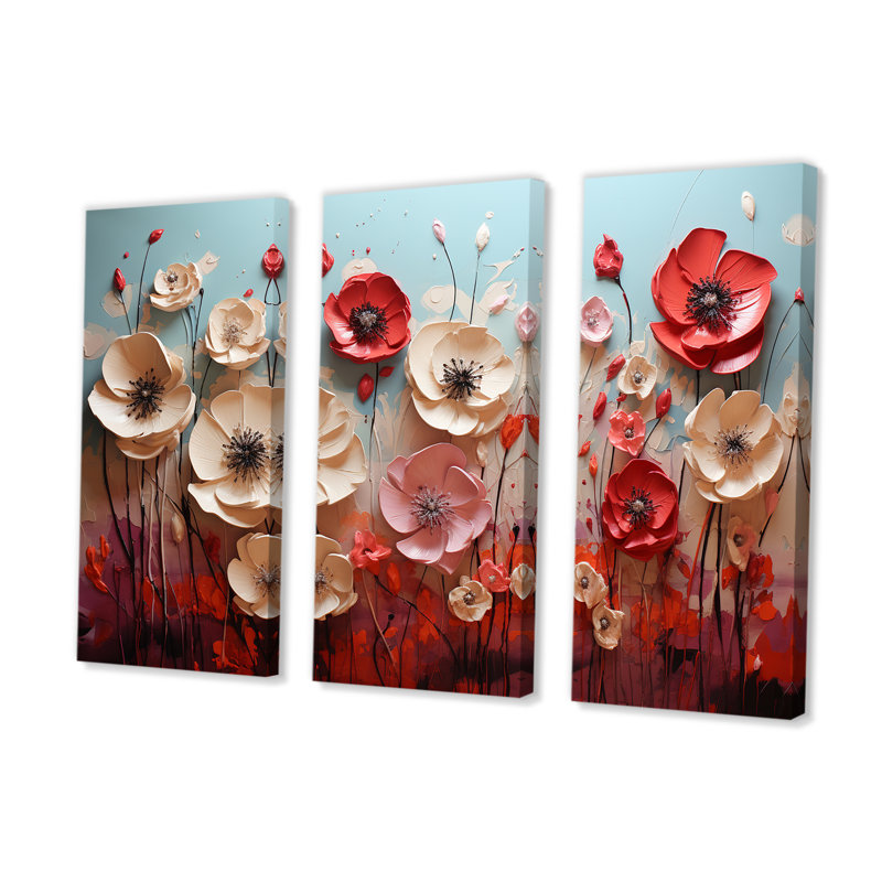 «White Crimson Flower S Embrace I», ensemble d'art mural, H 32 po x l 48 po x P 1 po