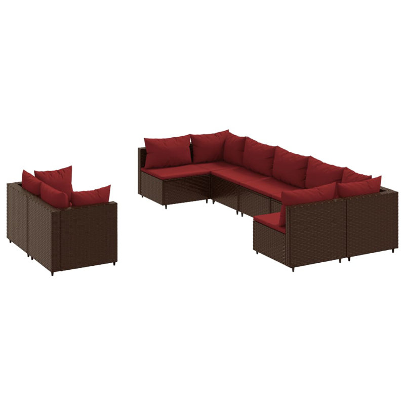  Ensemble de canapé de patio 9 pièces rectangulaire en rotin PE brun, Brun, Rouge cannelle