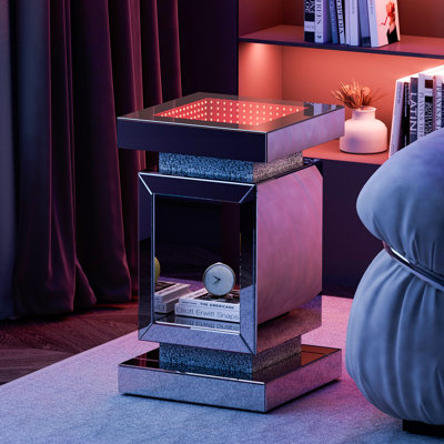 Mirrored End Table with LED Light, Mirrored Nightstand with Crushed Diamonds, Silver Side Table with Large Tabletop for Living Room, Bedroom and Office