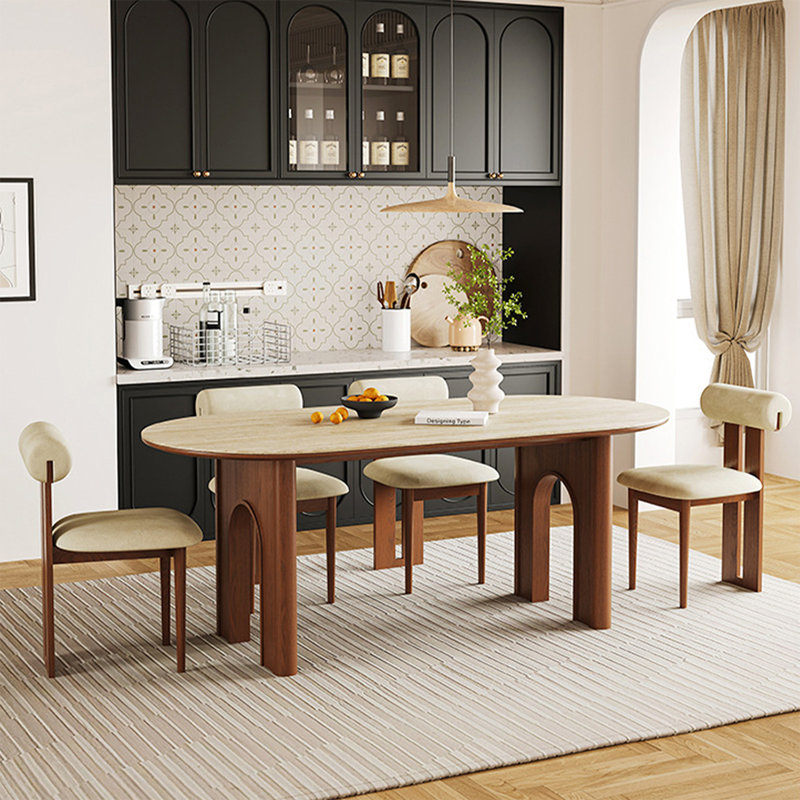 Table de salle à manger beige / brun en pierre frittée ovale + bois massif, H 29,53 po x L 70,87 po x l 31,5 po