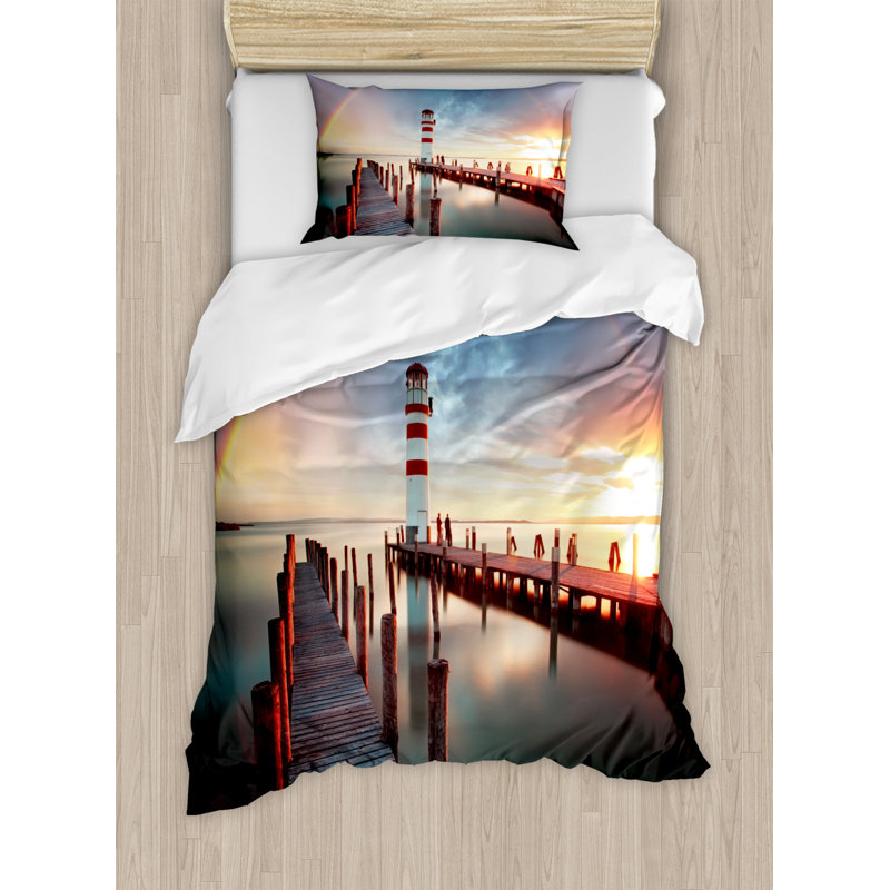 Twin Size Coastal Sunset Lighthouse Microfiber Duvet Cover Set