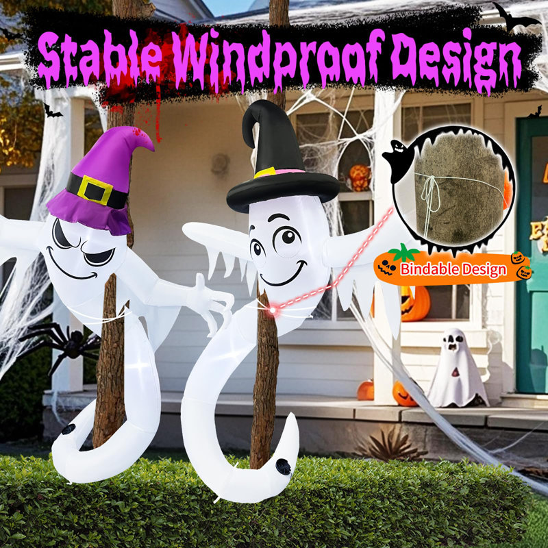 Décorations de fantômes gonflables d'Halloween 6 pi - fantômes avec chapeaux de sorcière et lumières DEL intégrées pour la porte d'entrée, le jardin, le décor de fête de cour Spooky