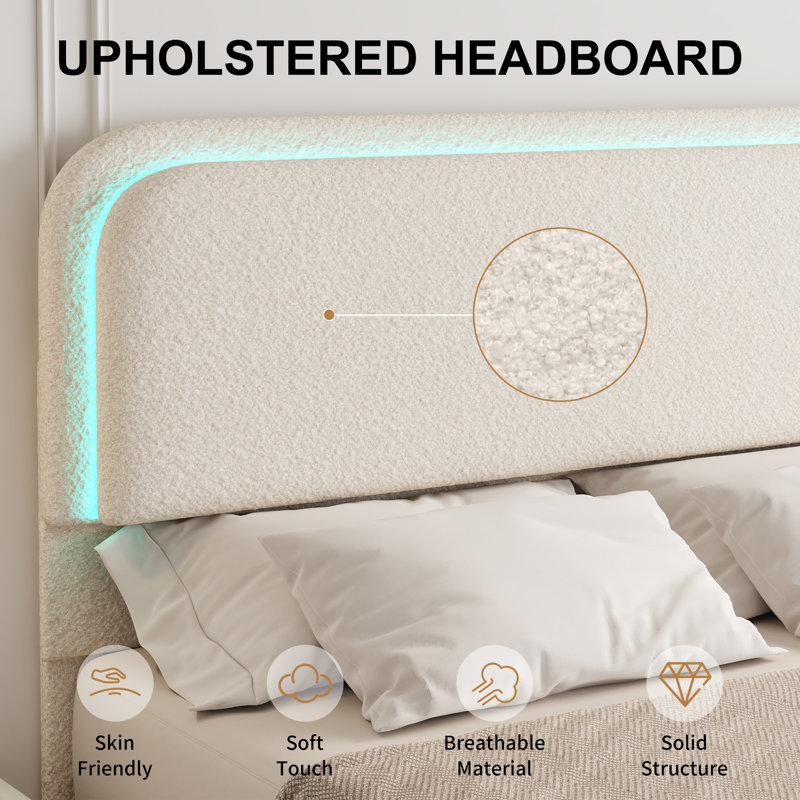 Cream Full LED Platform Bed Frame with Boucle Upholstered Headboard and Storage Drawers