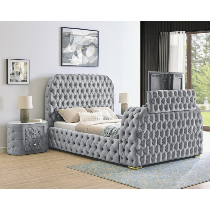 1pièce table de chevet ovale en faux marbre à 2 tiroirs avec bouton de rangement capitonné, Gris